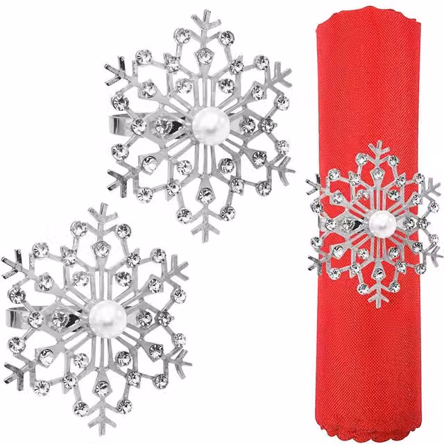 Neel Blue Silver Snowflake Napkin Rings with Faux Pearls and Diamante Rhinestones, 6 Pieces