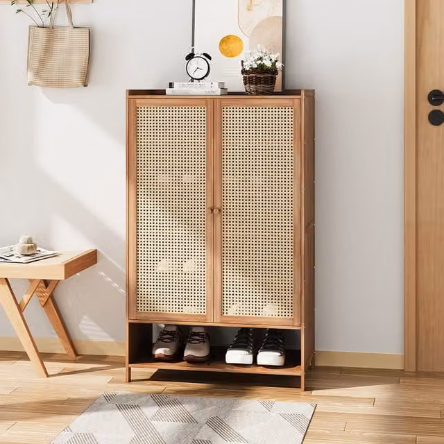 Lifeideas Bamboo Shoe Cabinet with Hinged Doors and Open Shelf, Brown