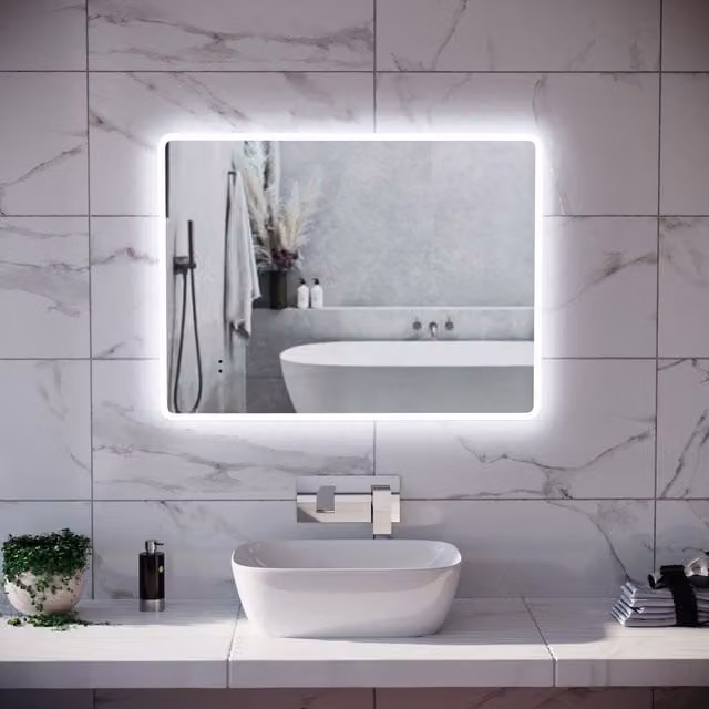 Nes Home Motion Sensor LED Bathroom Mirror with Shaver Socket and Demister, Silver, W: 60 cm, H: 80 cm