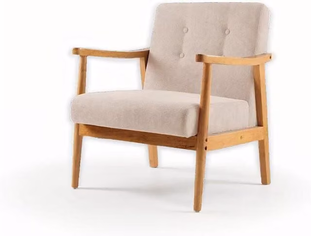 Modcraft Scandinavian Solid Rubberwood Armchair with Beige Fabric Seat and Brown Button Cushion