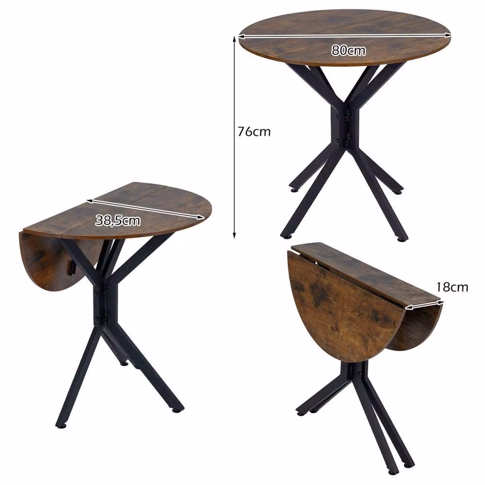 EONLION Round Drop Leaf Dining Table in Brown with Metal X-Frame Base, W/D/H: 100 x 80 x 76 cm – 2