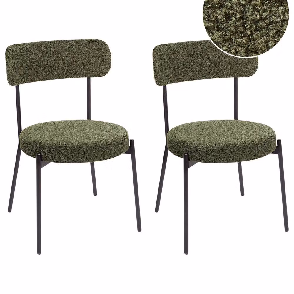 Wyld and Coco Set of 2 Dark Green Bouclé Dining Chairs with Black Metal Legs – 2