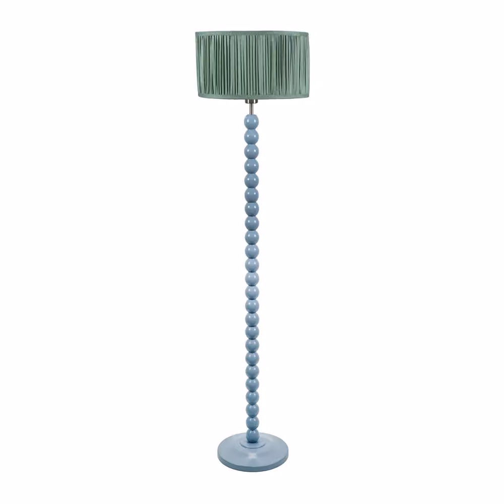 ValueLights Bobbins Powder Blue Floor Lamp with Green Ruched Pleated Drum Shade and LED Bulb, H 145 cm x W 25 cm x D 25 cm – 2