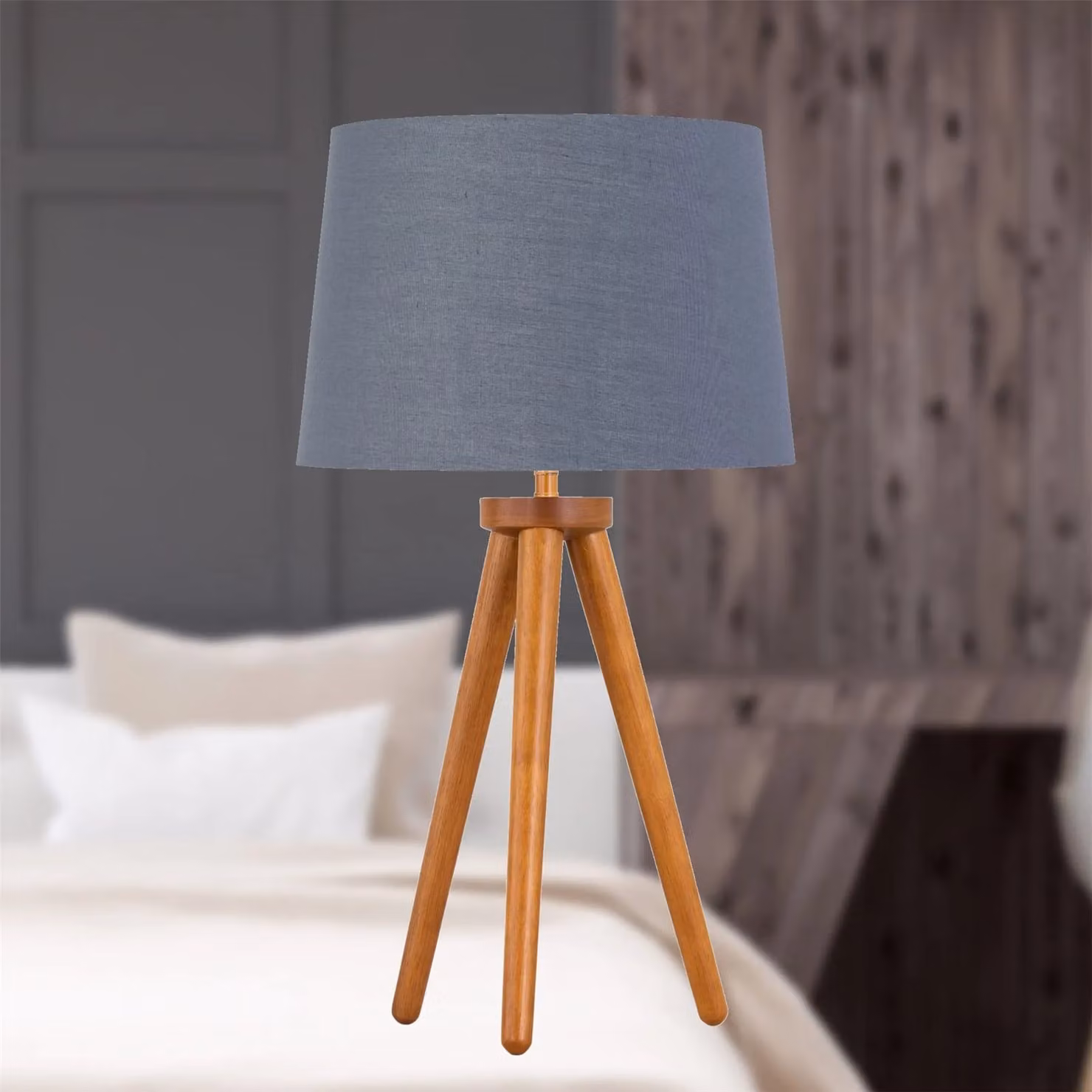 First Choice Lighting Set of 2 Dark Oak Table Lamps with Grey and Gold Fabric Shades in Brown – 3