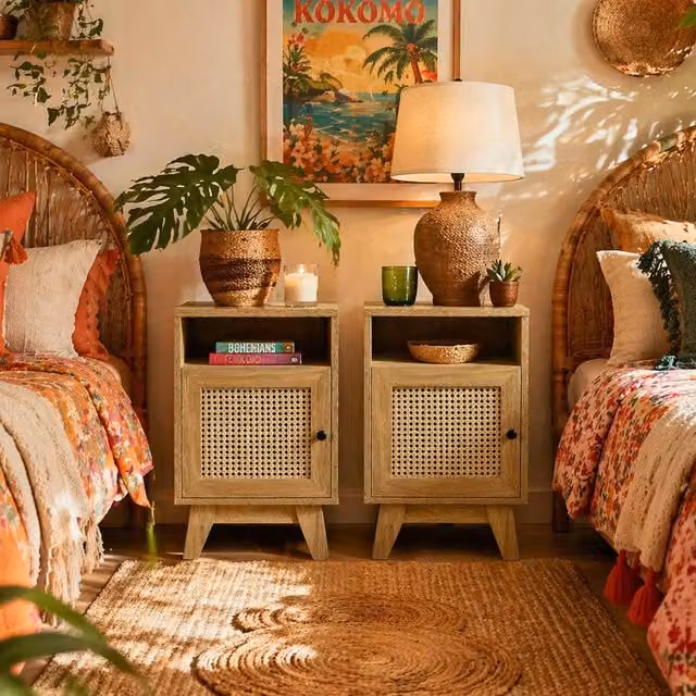 Wyld Haus Hazi Set of 2 Natural Wood Effect and Rattan Bedside Tables in Brown