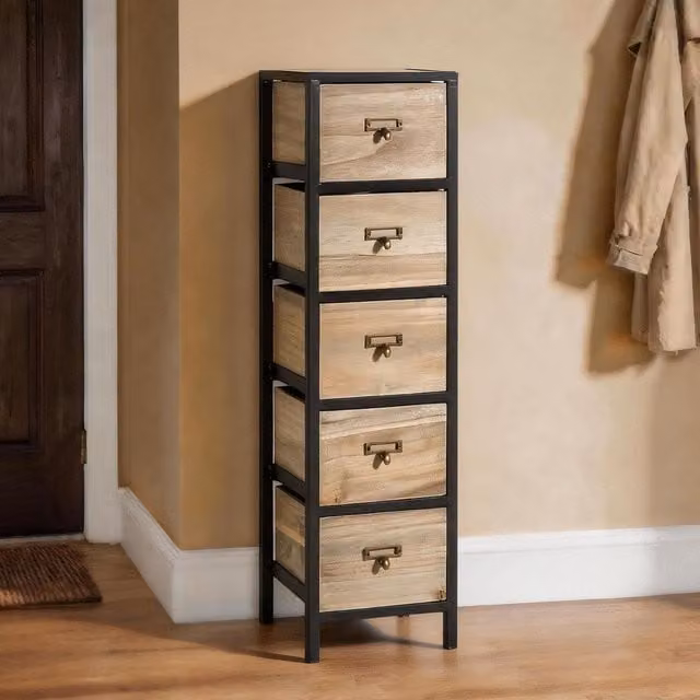 Home Source 5 Drawer Tall Storage Chest with Rustic Metal Legs in Natural Wood and Black – 1