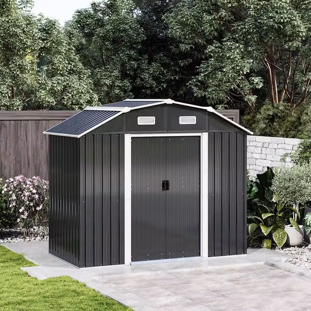 Breeins Heavy Duty Metal Garden Storage Shed in Charcoal Black/Anthracite, W: 213.36 cm, D: 121.92 cm, H: 213.36 cm