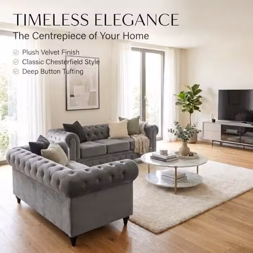 Bravich Grey Velvet Chesterfield 2 and 3 Seater Sofa Suite with Solid Wood Frame and Foam Cushions – 6