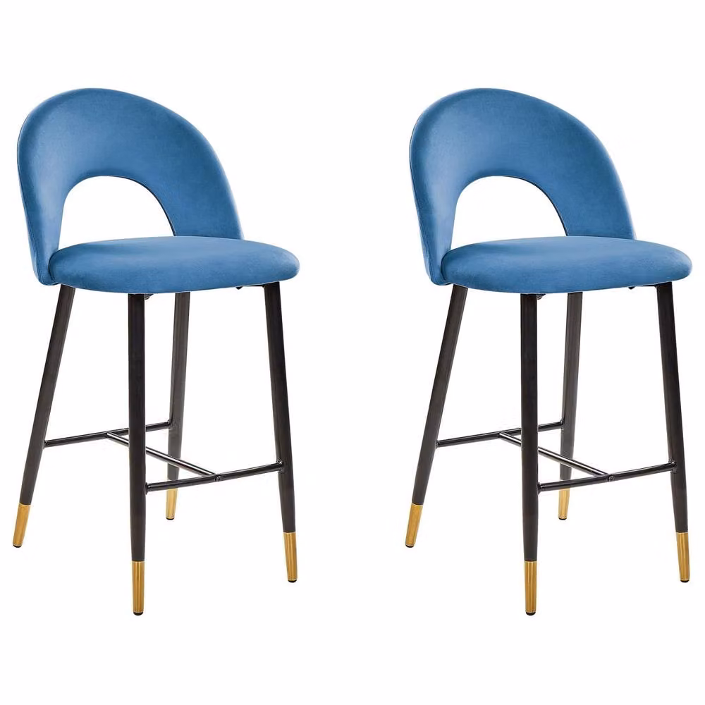 Wyld and Coco Set of 2 Blue Velvet Bar Chairs with Black Steel and Gold Accents – 2
