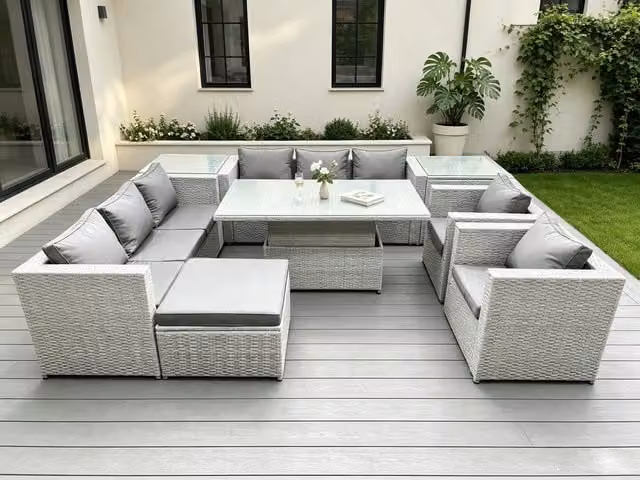 Fimous Rattan Garden Furniture Set with Height Adjustable Lifting Table and Lounge Chairs in Light Grey – 1