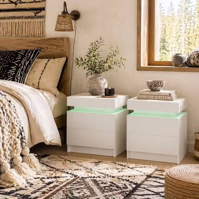 Wyld Haus Nisu Set of 2 High Gloss White Bedside Tables with Integrated LED Lighting, W/D/H: 45 x 35 x 52 cm – 1