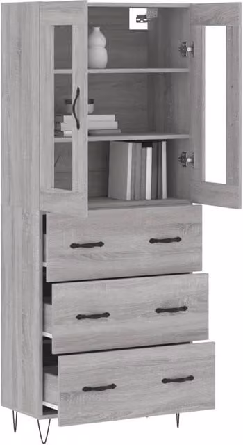 Berkfield Home Grey Sonoma Highboard with Glass Doors and Internal Shelves, H 180 x W 69.5 x D 34 cm – 1