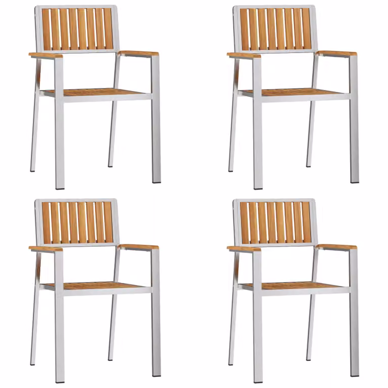 Berkfield Home Set of 4 Stackable Garden Chairs in Silver Teak Wood and Stainless Steel