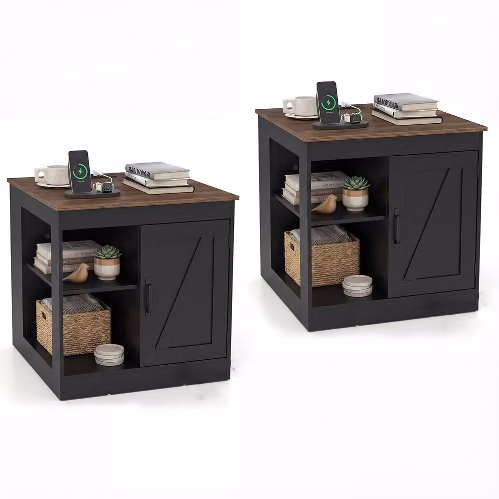 Costway Farmhouse Wooden Nightstand with Charging Station and Media Compartments in Black – 7