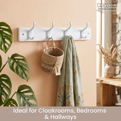 Keypak 4 White Gloss Coat Hooks on White Wooden Board, Width: 46 cm – 2