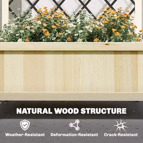 Outsunny Wooden Raised Garden Bed with Metal Trellis and Lockable Wheels, Natural Brown – 4
