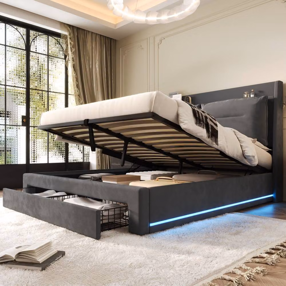 BTM Dark Grey Velvet Double Hydraulic Bed with LED Under-Bed Lighting and Storage – 8