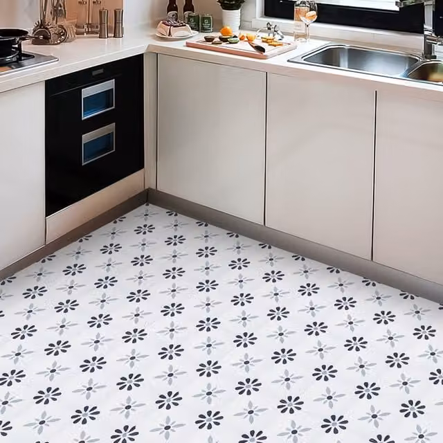 Livingandhome Self-Adhesive Floral PVC Flooring Tiles, Grey and White, W: 20 cm x L: 20 cm