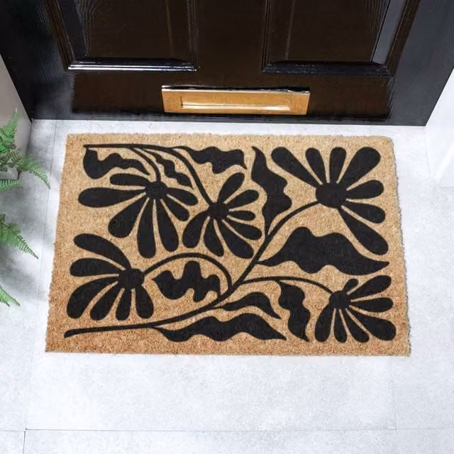 Artsy Mats Black and Brown Quirky Floral Pattern Coir Doormat, W: 60 cm, D: 40 cm