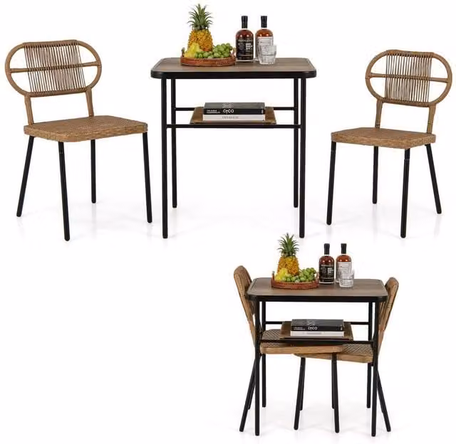 KORVIXA 3 Piece Brown Polyrattan Wicker Breakfast Set with Square Drop Leaf Table