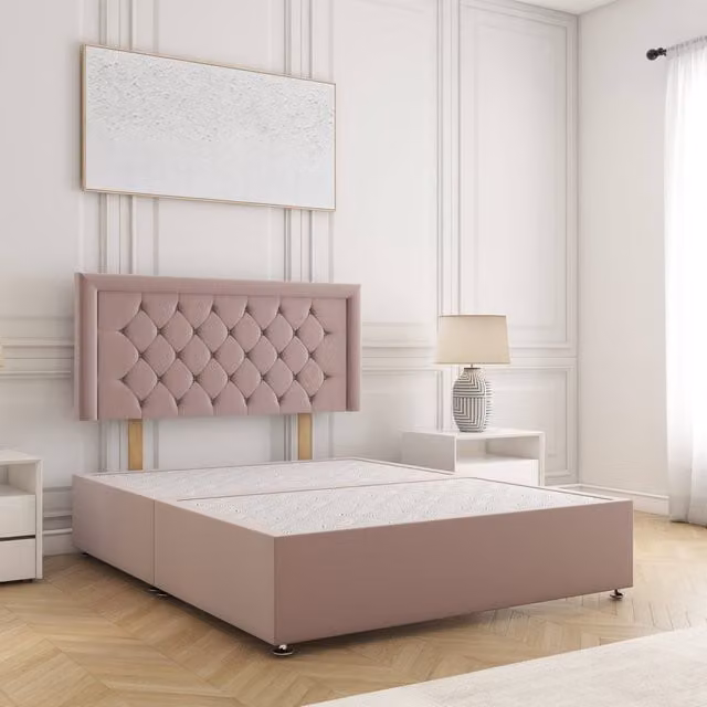 BSSPOKE Nova Plush Velvet Double Divan Bed with 24 inch Headboard in Pink, W/D/H: 140 x 200 cm