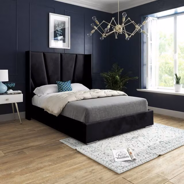 KDMD Cocoon Soft Velvet Upholstered Wide Curved Winged Bed Frame in Black, 140 x 200 cm