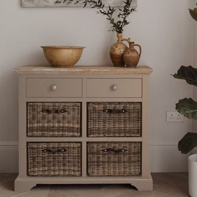 Florence Sideboard with Storage Baskets and Drawers in Truffle Acacia Wood and Metal, W/D/H: 120 x 40 x 85 cm