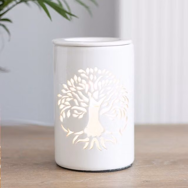 Gloriously Good Tree of Life Electric Oil and Wax Melt Burner, White Ceramic Tabletop Oil Lamp