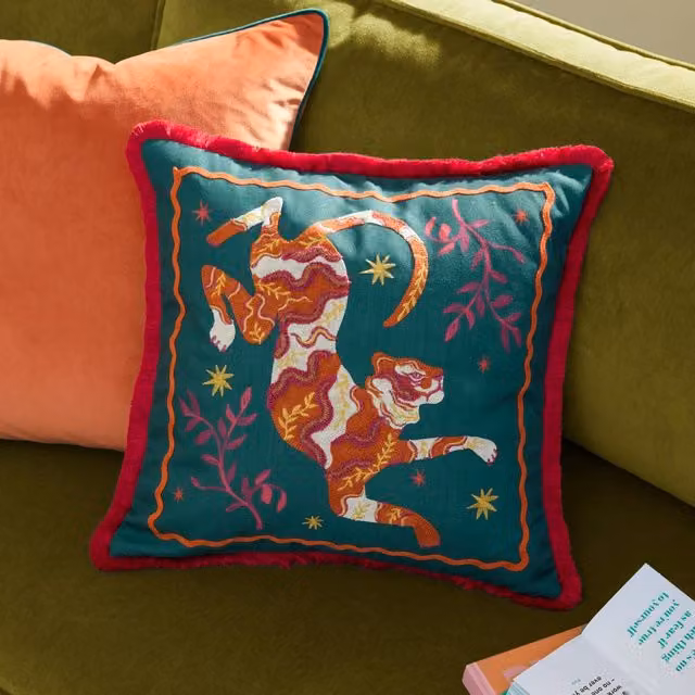 furn. Les Animaux Tigeress Tufted Decorative Cushion, Emerald Green and Multicolour, W/D/H: 45 x 45 x 45 cm