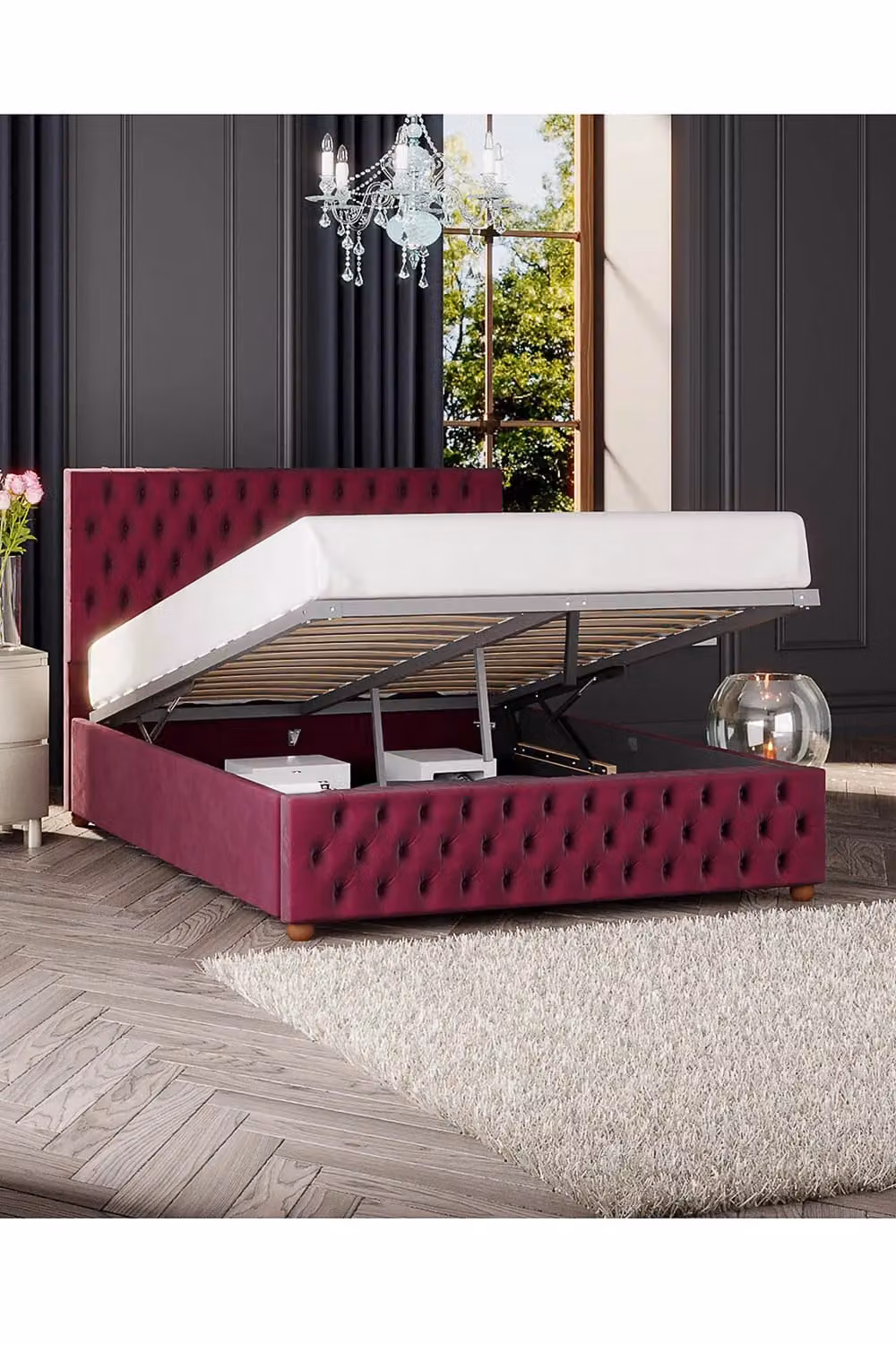 Laurence Llewelyn-Bowen Seren Ottoman Storage Bed in Wine Plush Velvet Fabric, Double W: 140 cm, D: 200 cm – 2