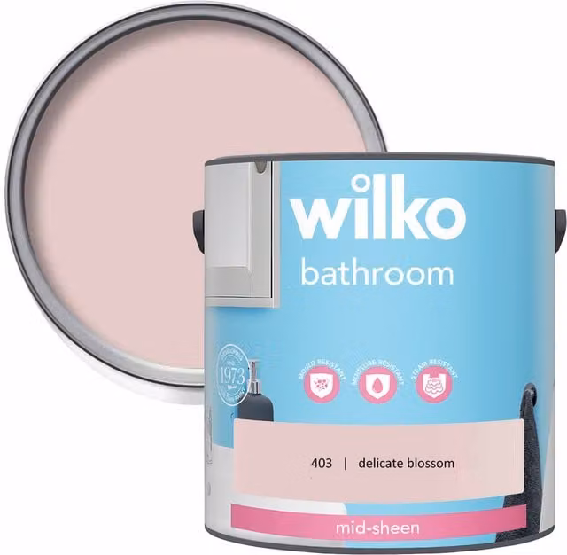 wilko Mould Resistant Mid Sheen Bathroom Emulsion Paint, Pink, 2.5 l