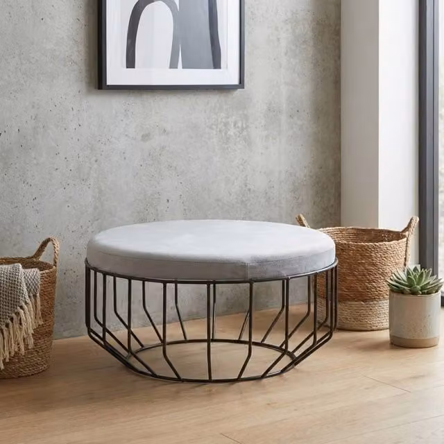 Garden Greatness Hayes Round Grey Velvet Footstool with Metal Frame