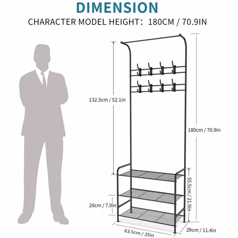 NESTLUNE Black Metal Coat and Hat Stand with 8 Hooks, Height: 180 cm