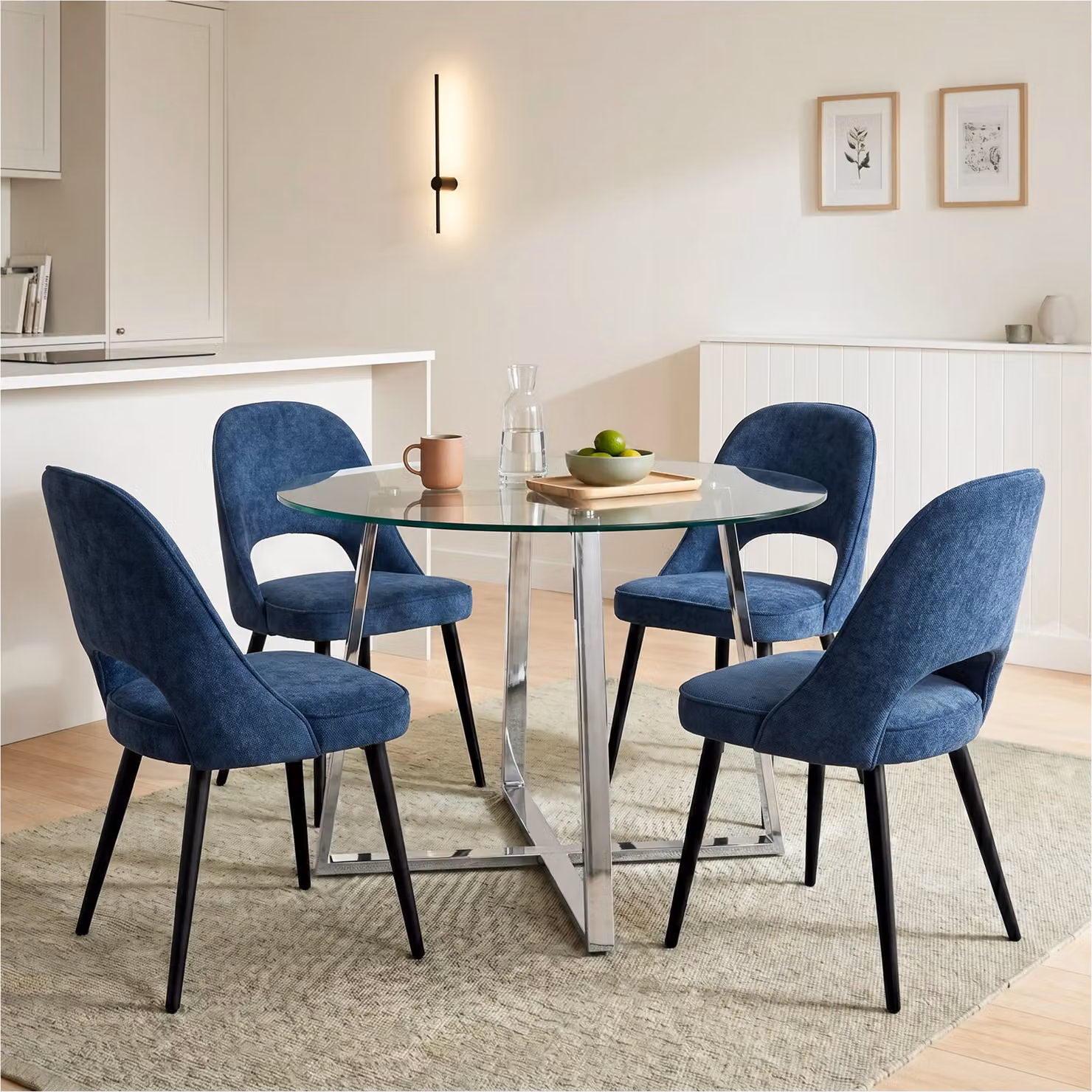 DHS Kyvon Modern Round Glass Dining Table Set with 4 Blue Upholstered Chairs, Diameter: 110 cm