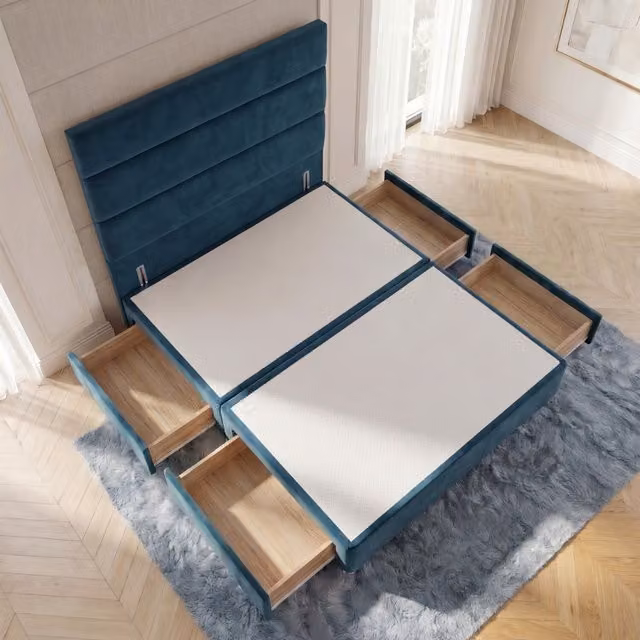 Horizona Velvet Divan Bed Base with 4 Drawers and 54 inch Floor Standing Headboard in Blue, W/D/H: 180 x 200 cm