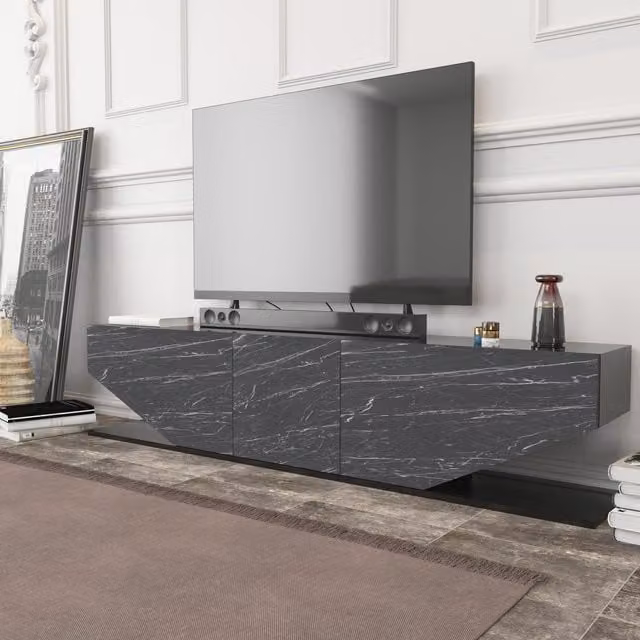 Decorotika Pearl TV Unit in Black Marble Effect Wood with Abstract Glossy Design, W: 180 cm