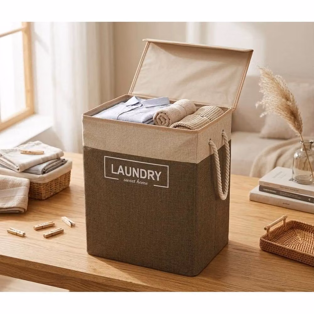 FORGEVIO Collapsible Fabric Laundry Hamper Basket with Lid and Handles in Brown and Grey – 2