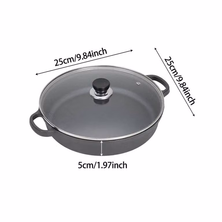 PAWNORA Cast Iron Casserole Frying Pan with Lid, Grey, 25cm