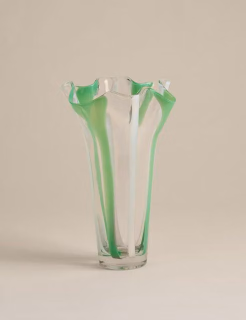 M&S Striped Sage Green Glass Tabletop Vase