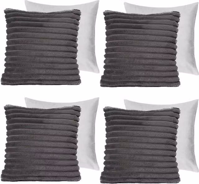 OHS Pack of 4 Charcoal Faux Fur Ribbed Square Filled Cushions