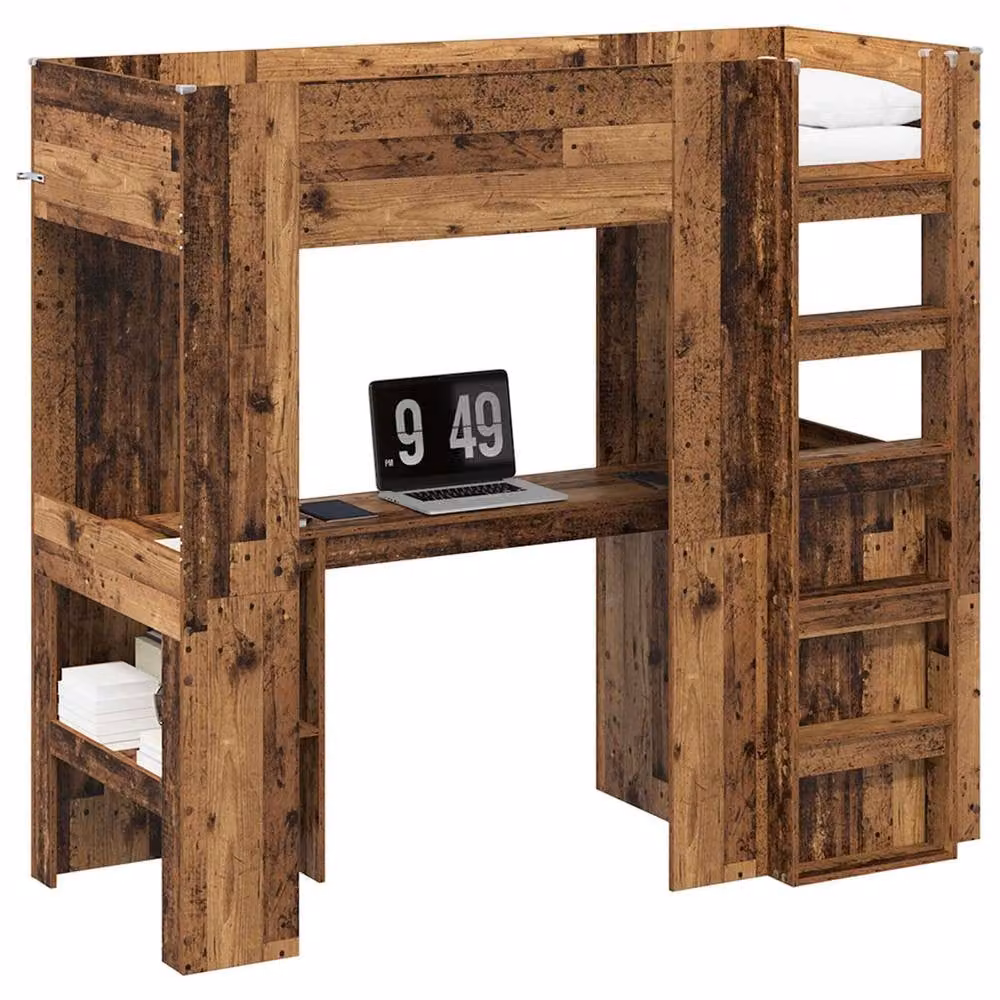 Berkfield Home Loft Bed Frame with Desk in Old Wood Brown, W/D/H: 75 x 190 x 26 cm – 2