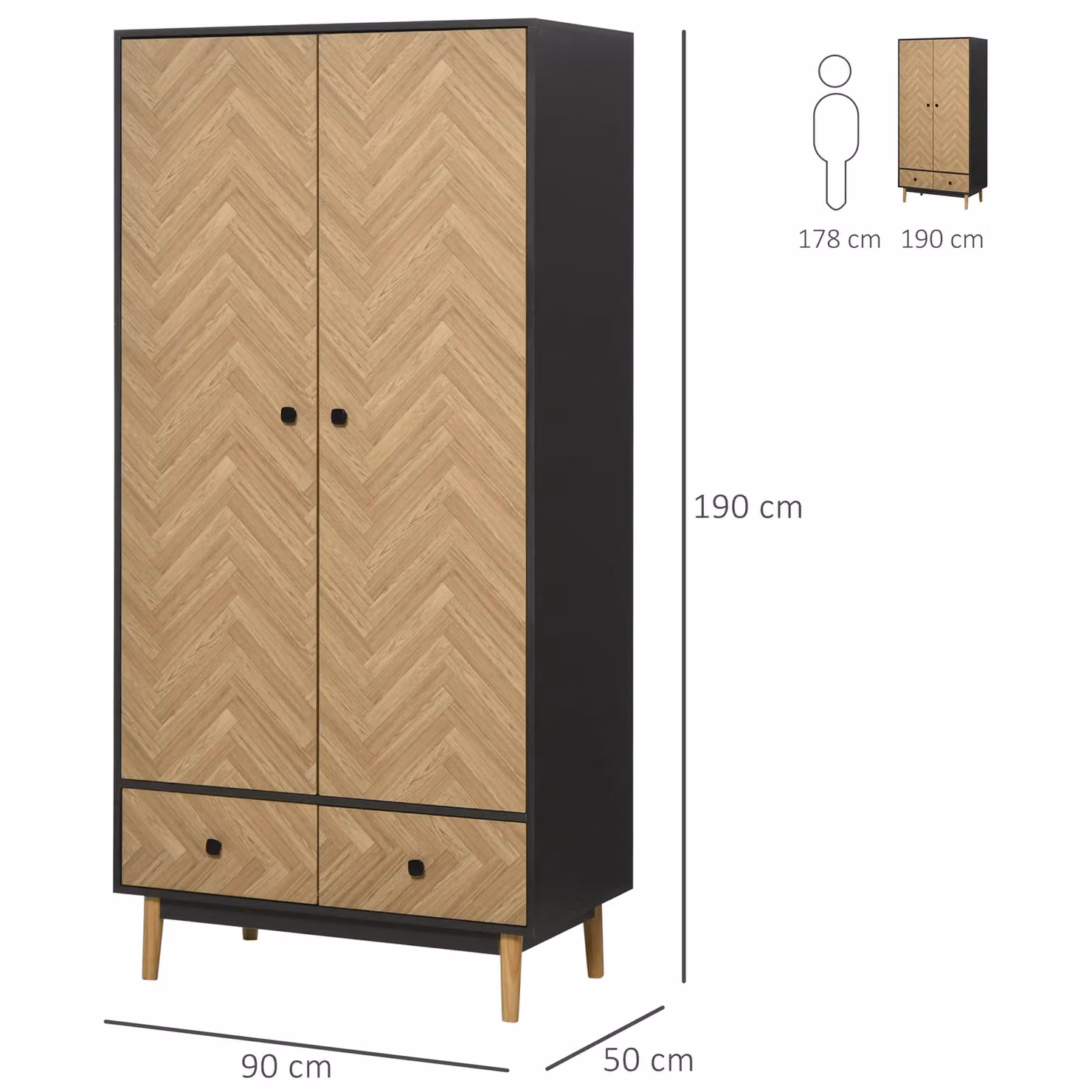HOMCOM Modern Freestanding Wardrobe Cabinet with Internal Shelves, Hanging Rod and 2 Drawers in Grey and Brown – 4