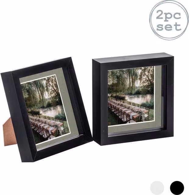 Nicola Spring Pack of 2 Black and Grey Square 3D Box Photo Frames with 4x4 inch Mount, W/D/H: 15.24 x 15.24 x 15.24 cm