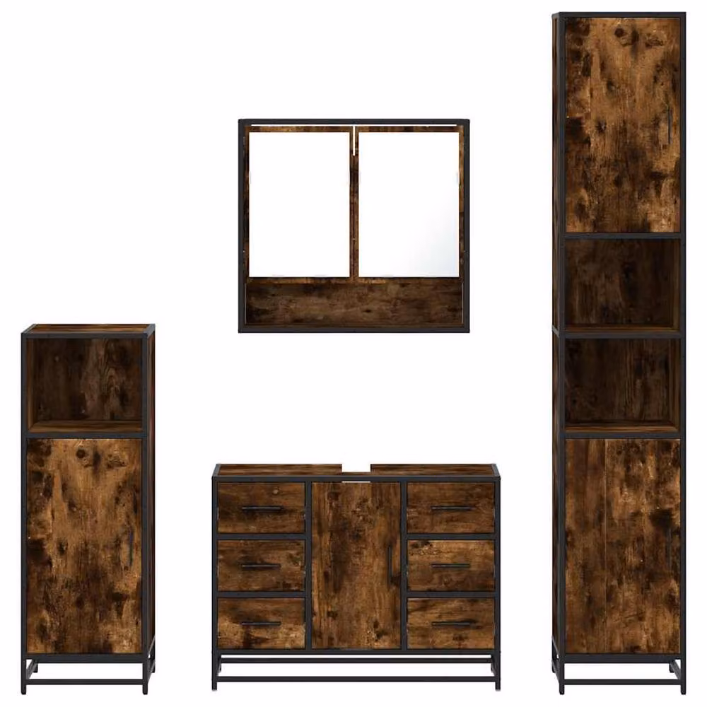 Berkfield Home 4-Piece Industrial Bathroom Furniture Set in Smoked Oak and Brown – 4