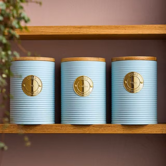 Cooks Professional 3-Piece Airtight Kitchen Storage Set with Ribbed Stainless Steel and Bamboo Lids in Blue and Gold