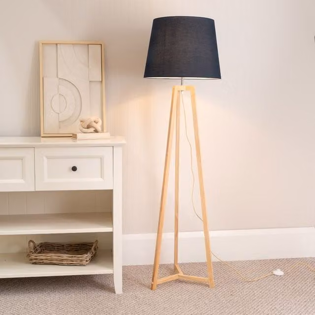 ValueLights Lottie Natural Wood Tripod Floor Lamp with Black Fabric Cone Shade and LED Bulb, H 158 x W 45 x D 45 cm