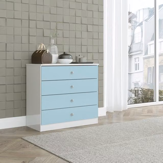 Seconique Modern 4 Drawer Chest in White and Blue Glossy MDF