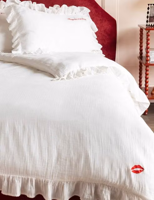Rockett St George Love Note Bedding Set, White Pure Cotton with Frill Trim, W: 140 cm, L: 200 cm
