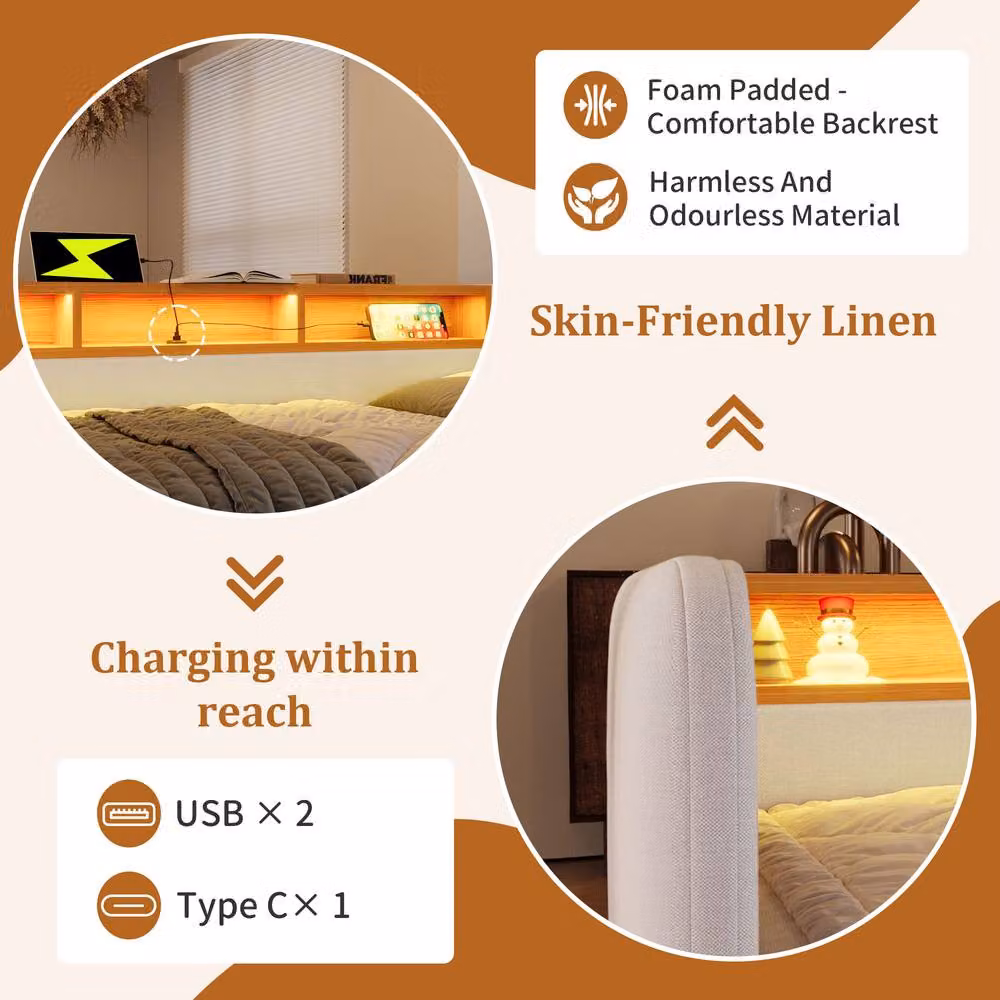 ModernLuxe Upholstered Single Daybed in Beige with LED, USB Charging Port and 2 Drawers, W/D/H: 190 x 90 x 70 cm – 3