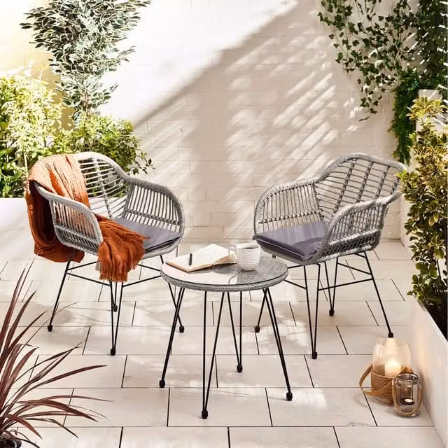 FurnitureboxUK Belize Grey Rattan 2 Seat Outdoor Garden Bistro Set with Glass Top and Black Metal Hairpin Legs